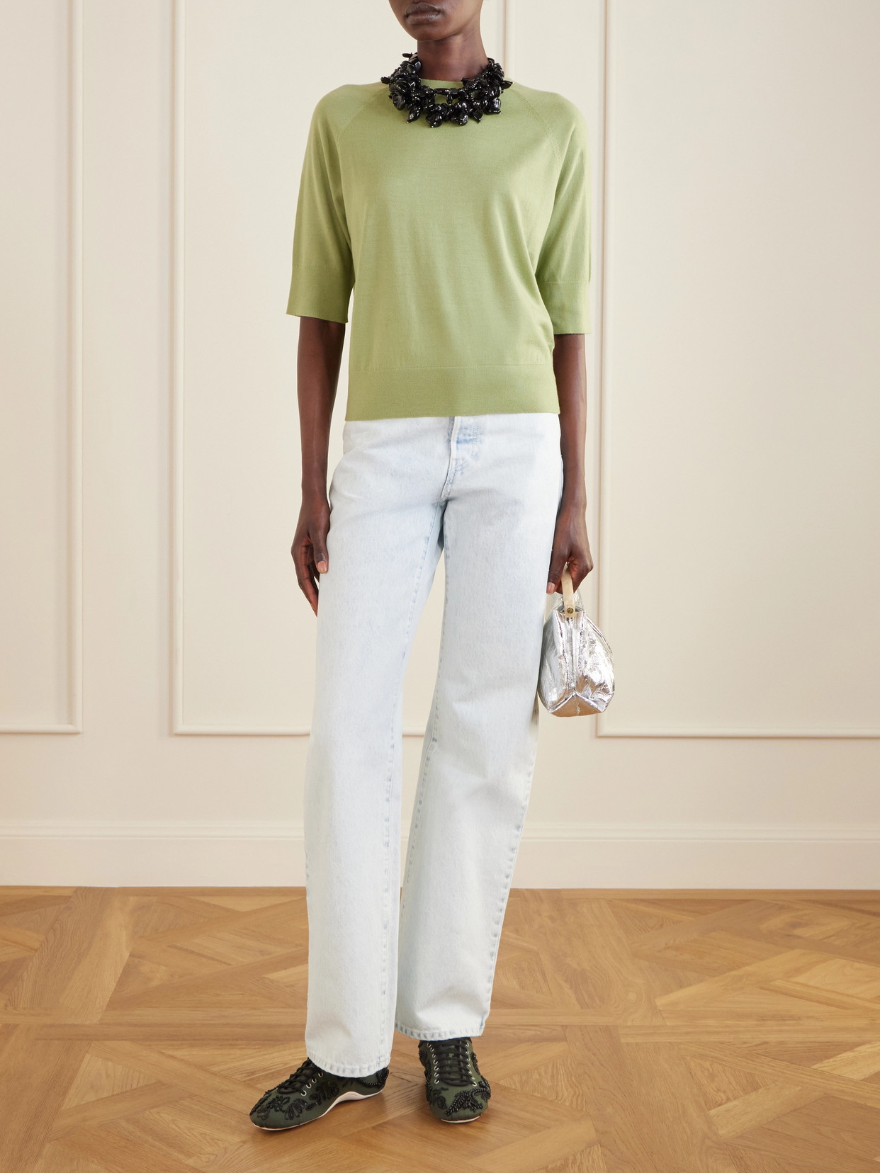 Bead-Embellished Leather-Trimmed Twill Sneakers