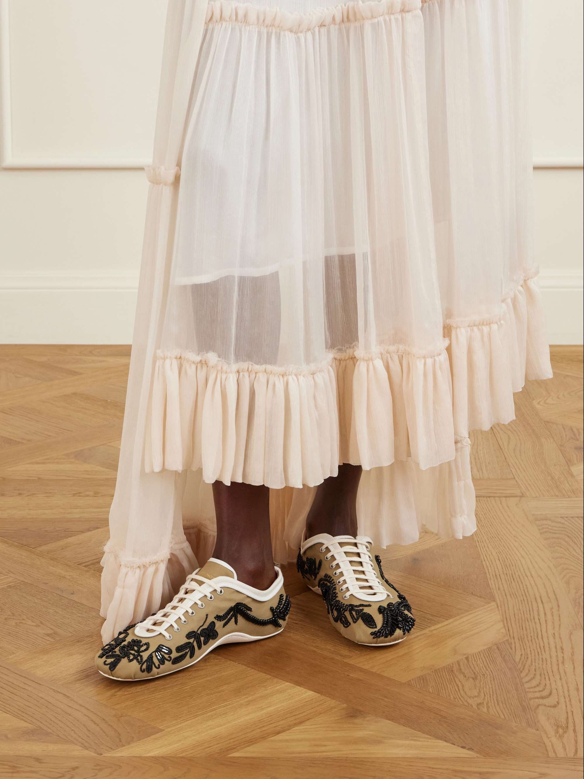 DRIES VAN NOTEN Bead-embellished leather-trimmed twill sneakers