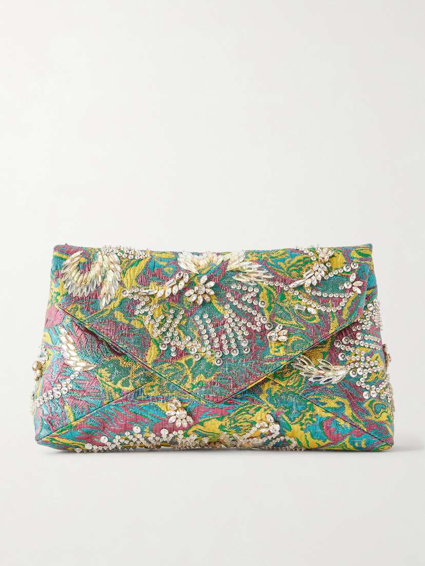 Embellished Floral-jacquard Clutch