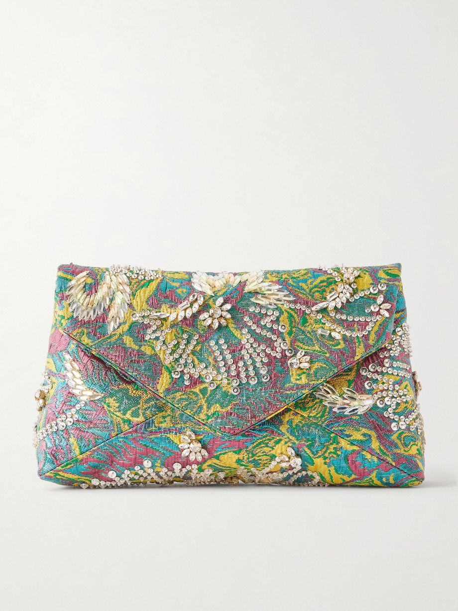 Embellished floral-jacquard clutch