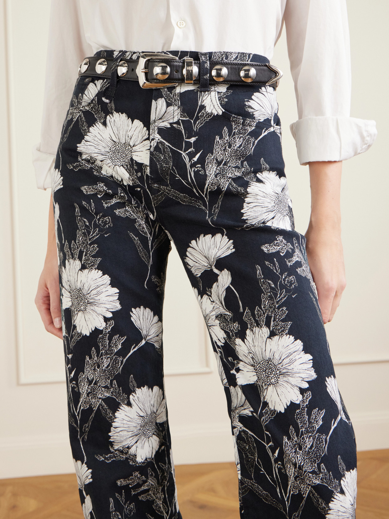 Jane Floral-Print Mid-Rise Straight-Leg Jeans