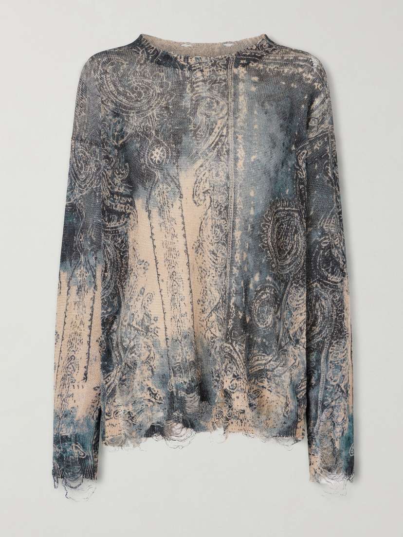 R13 Boyfriend Distressed Printed Linen Knit Sweater