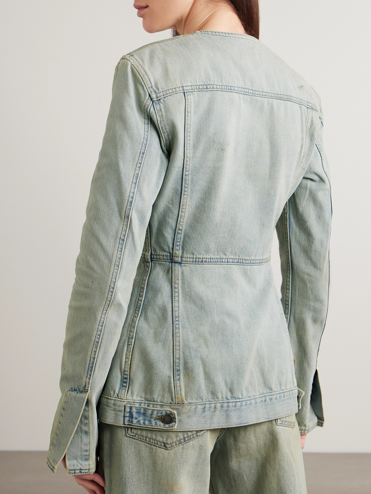 Temple Distressed Denim Peplum Jacket