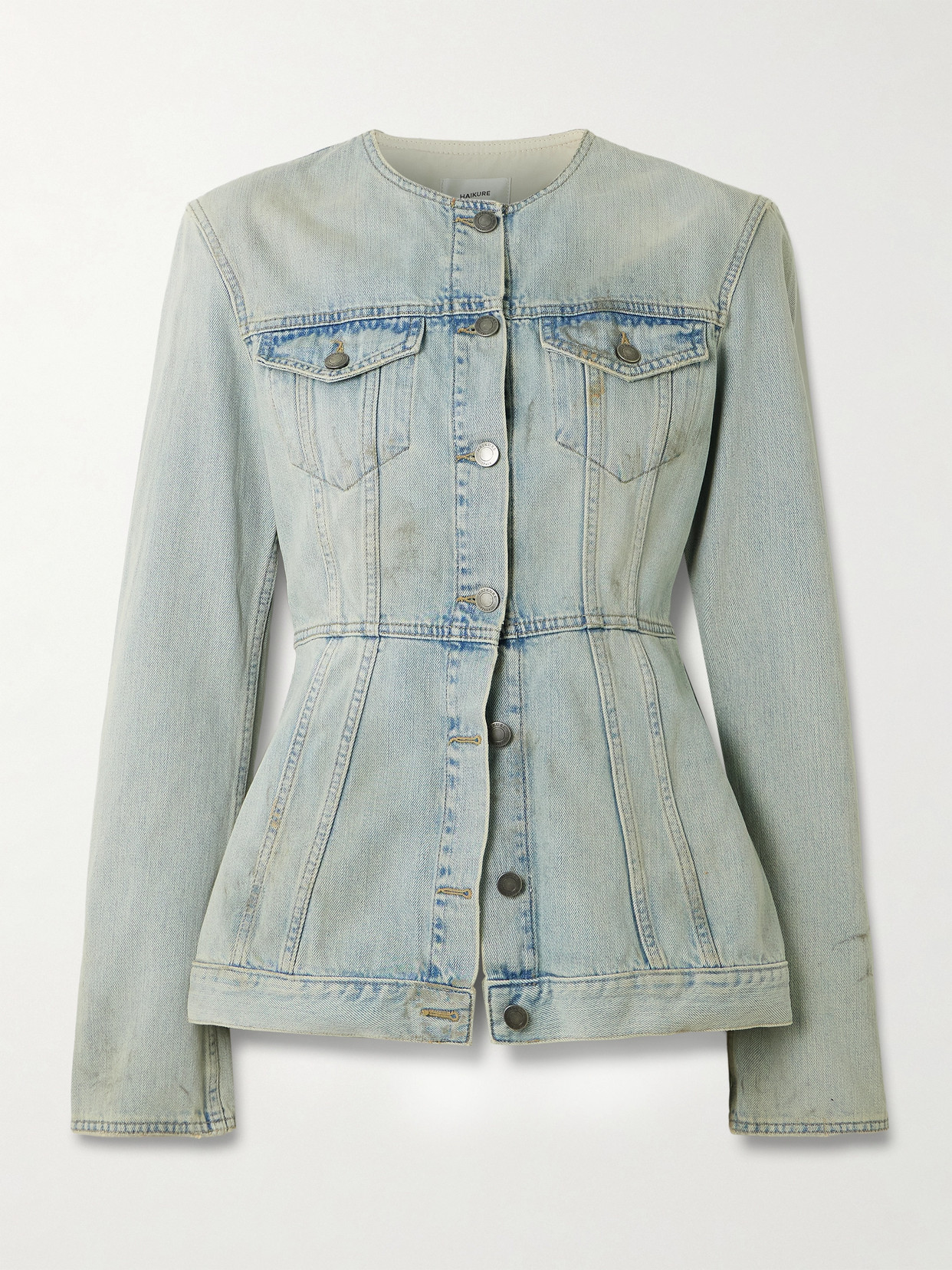 Haikure Temple Distressed Denim Peplum Jacket In Blue