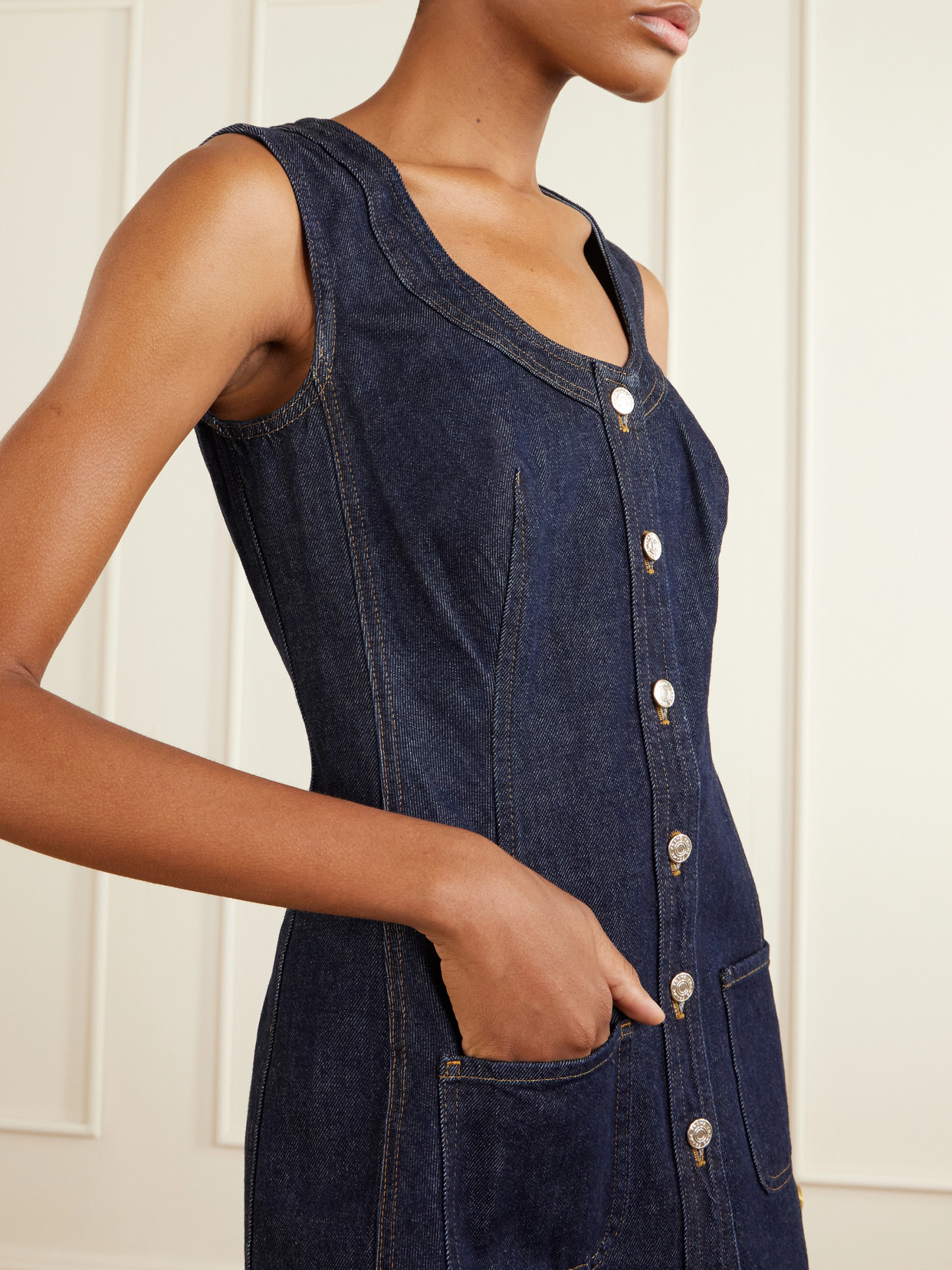 Frame Paneled Recycled Denim Mini Dress In Blue