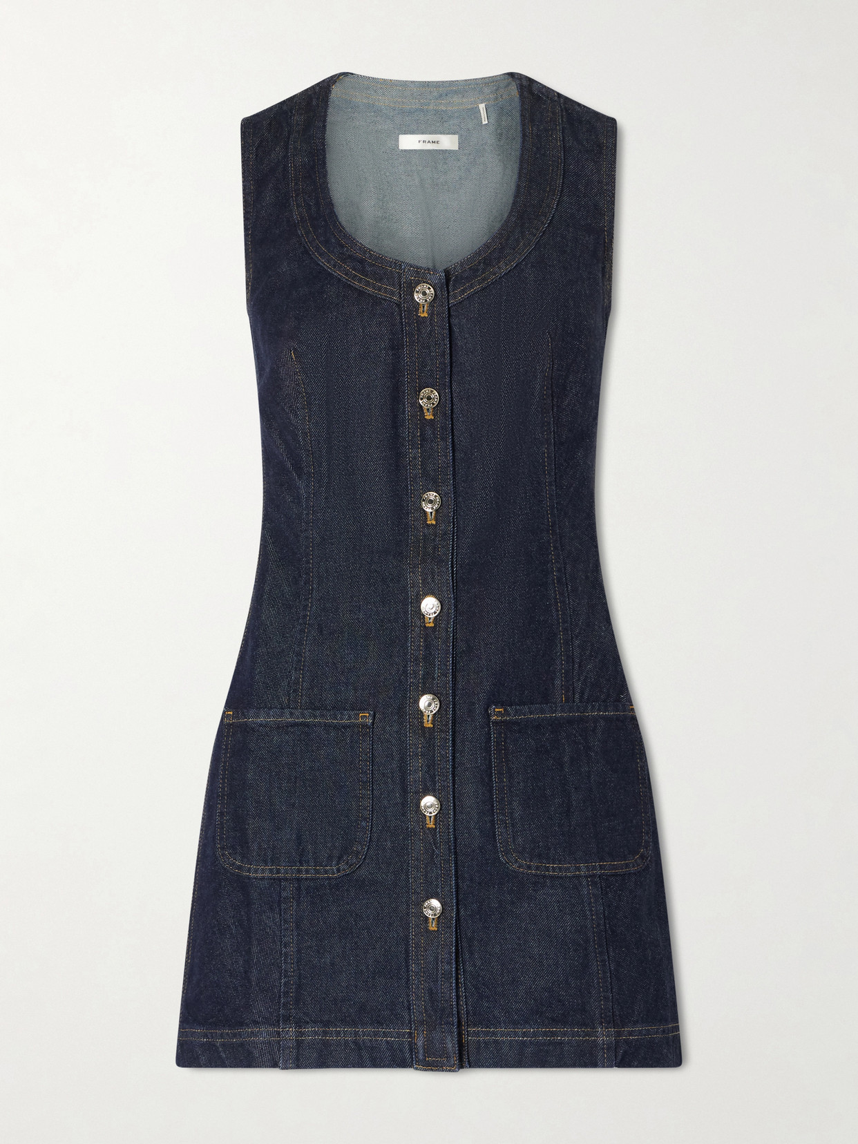 Frame Paneled Recycled Denim Mini Dress In Blue