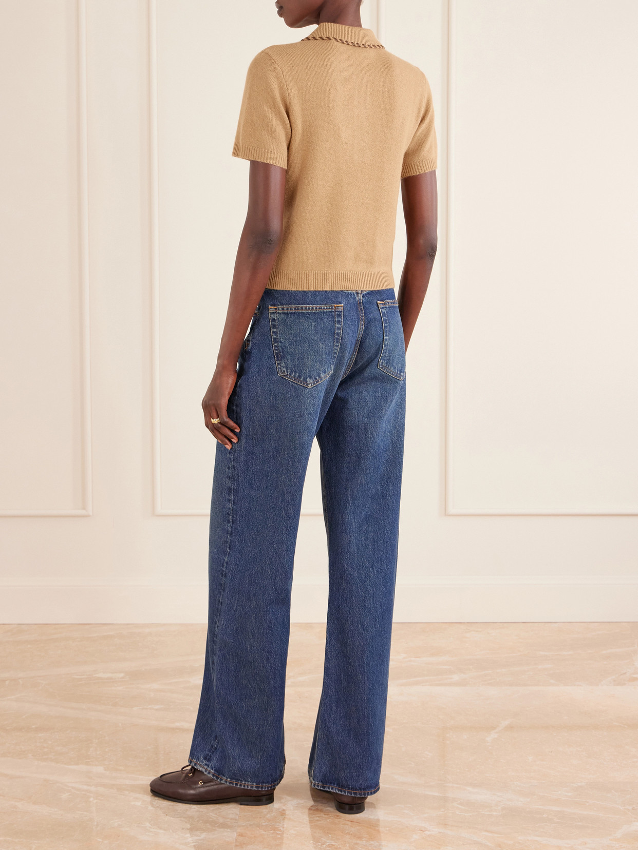 Frame Whipstitched Leather-trimmed Wool And Cashmere-blend Polo Shirt In Brown