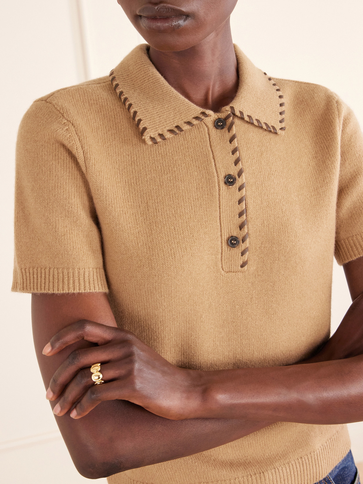 Frame Whipstitched Leather-trimmed Wool And Cashmere-blend Polo Shirt In Brown