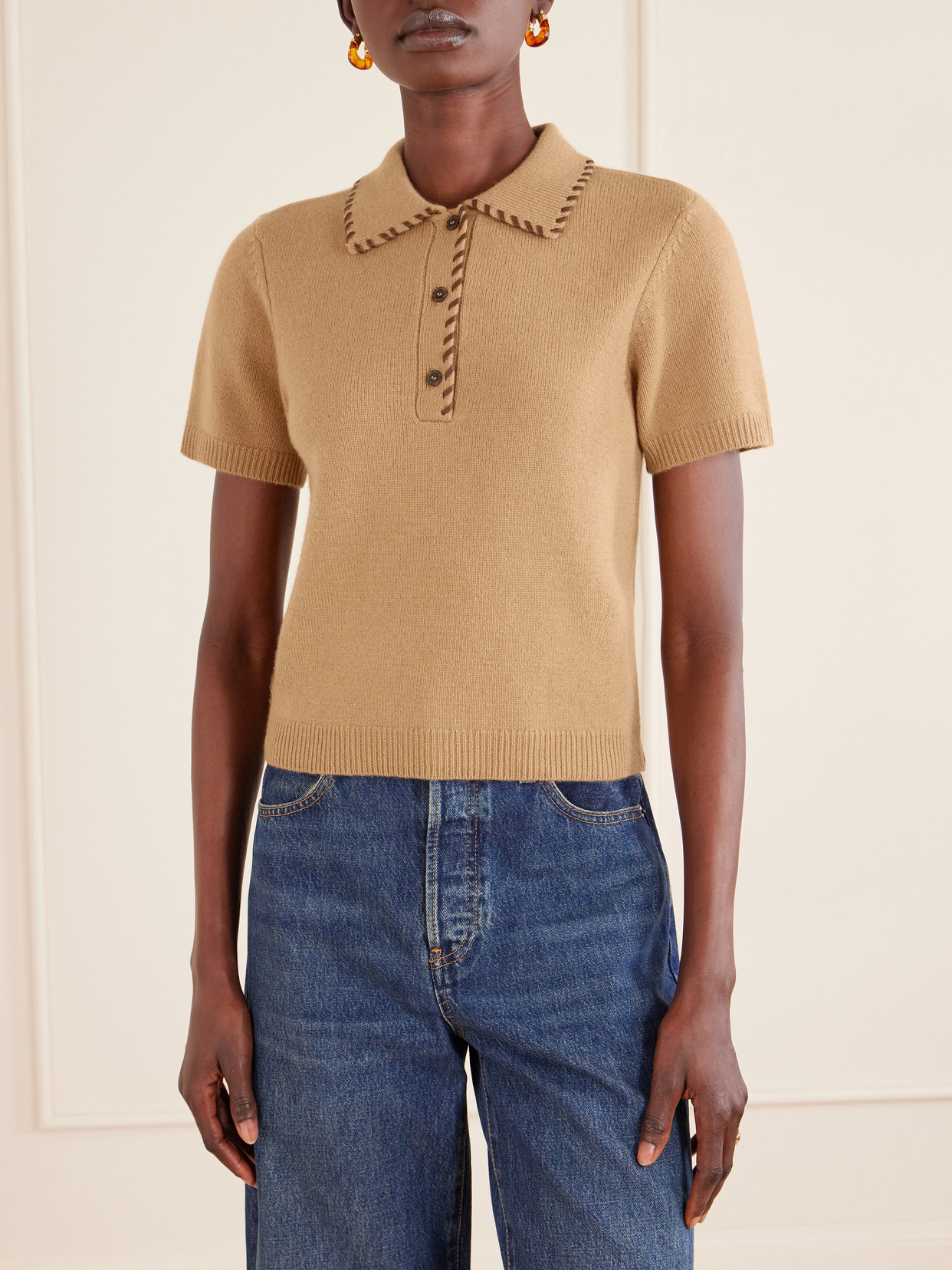 Frame Whipstitched Leather-trimmed Wool And Cashmere-blend Polo Shirt In Brown