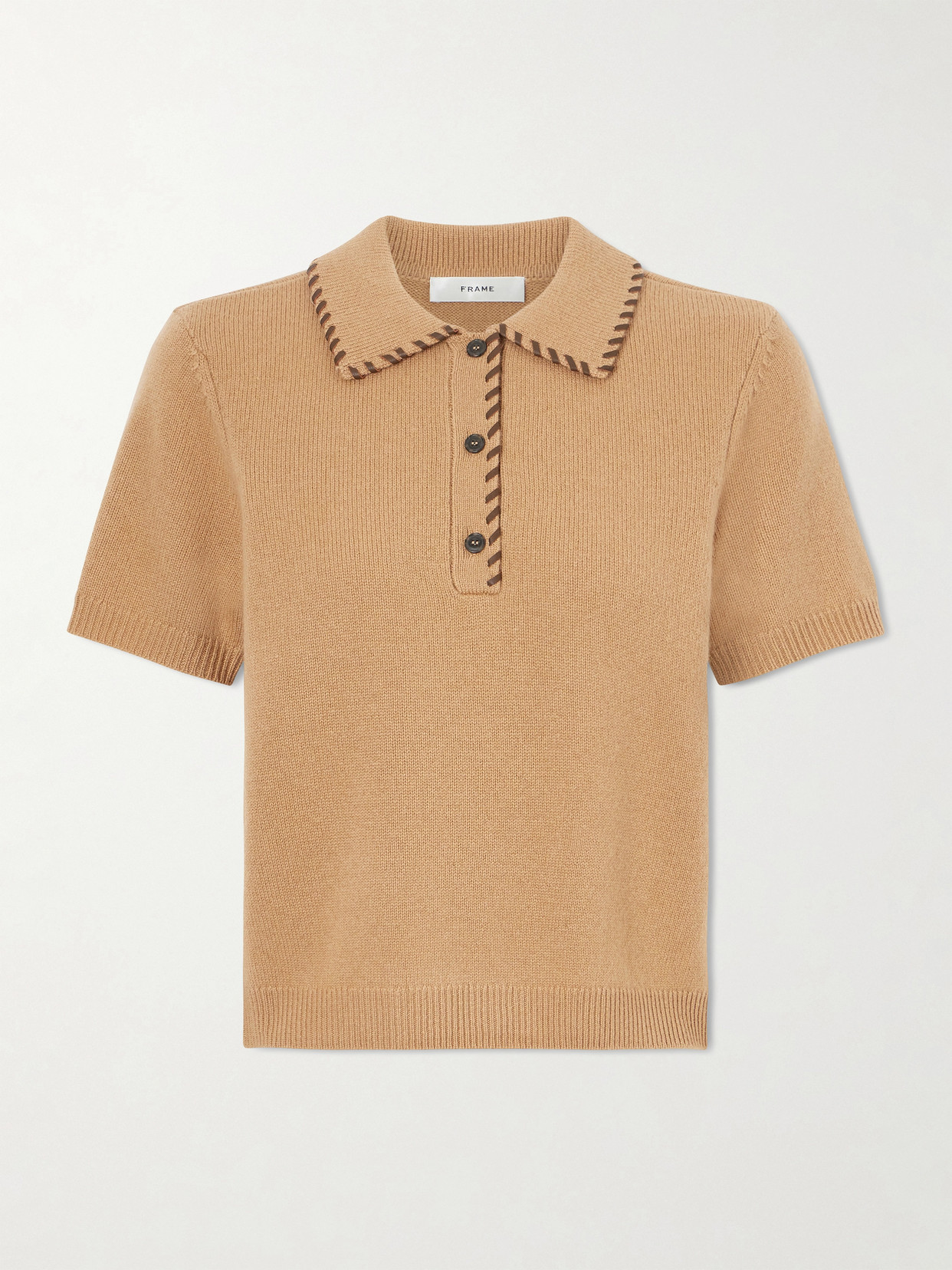 Frame Whipstitched Leather-trimmed Wool And Cashmere-blend Polo Shirt In Brown