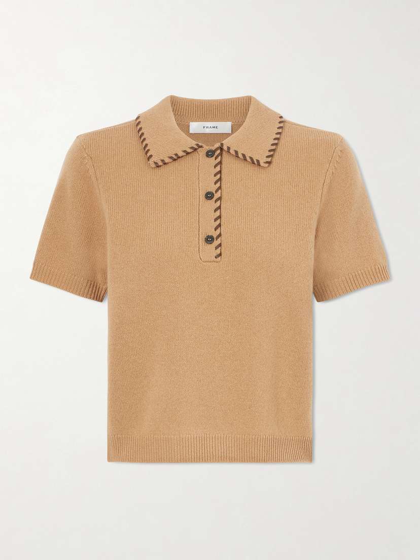 Frame Whipstitched Leather-trimmed Wool And Cashmere-blend Polo Shirt