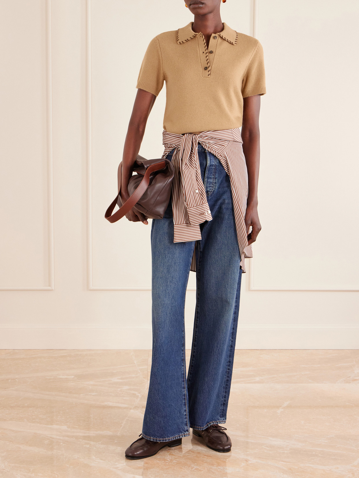 Frame Whipstitched Leather-trimmed Wool And Cashmere-blend Polo Shirt In Brown