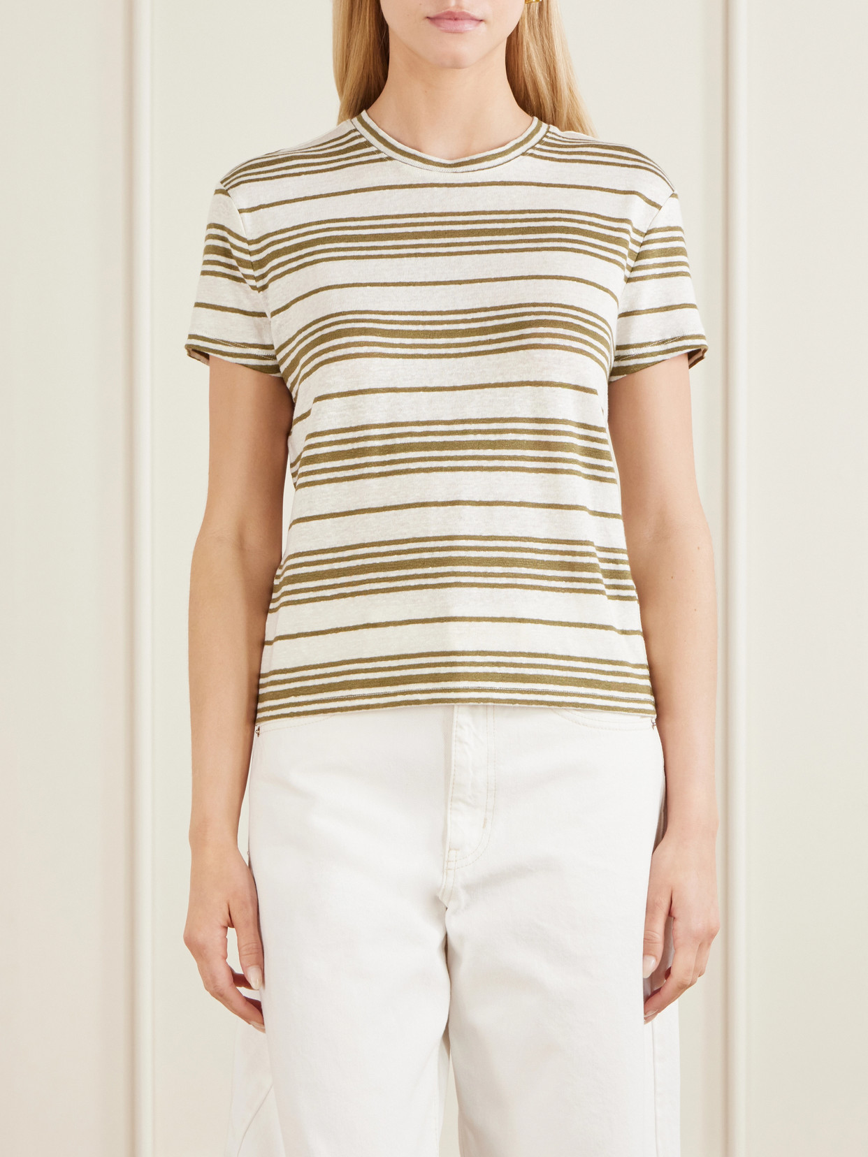 Frame Striped Linen T-shirt In Brown