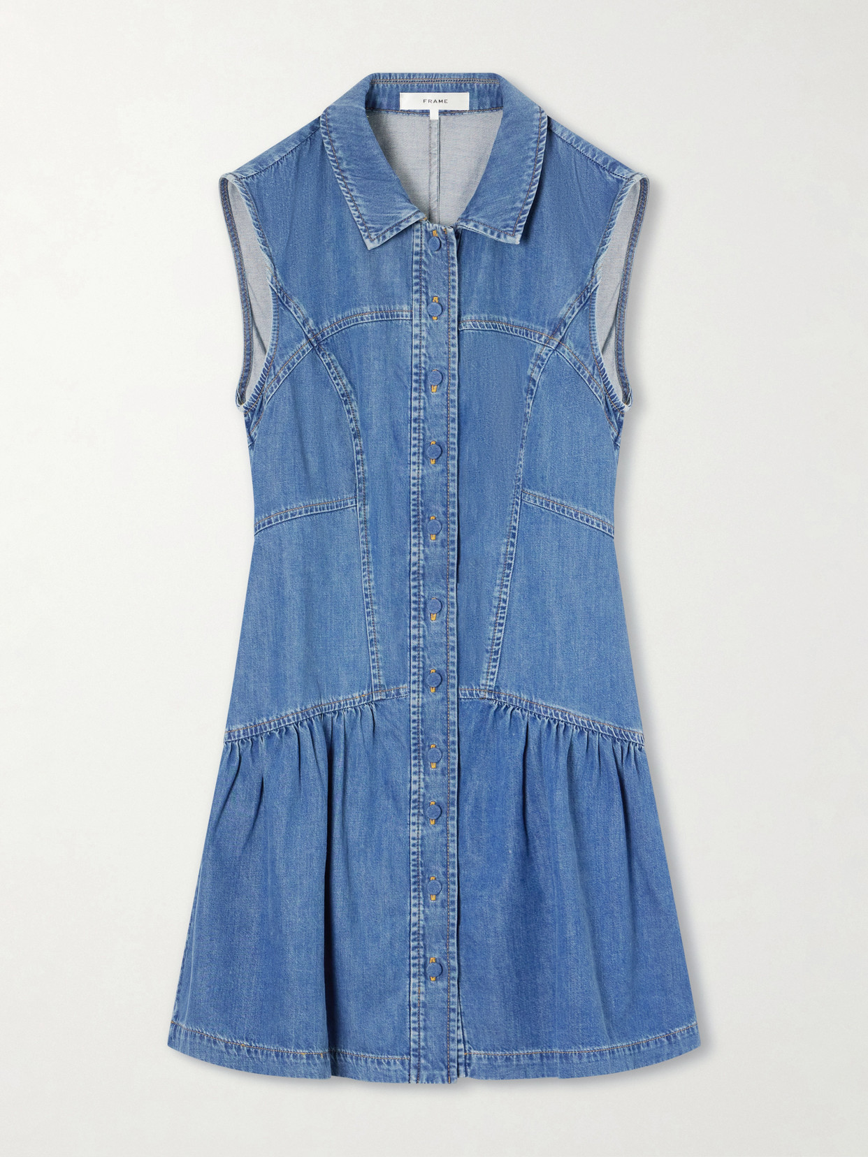 Frame Paneled Denim Mini Dress In Blue