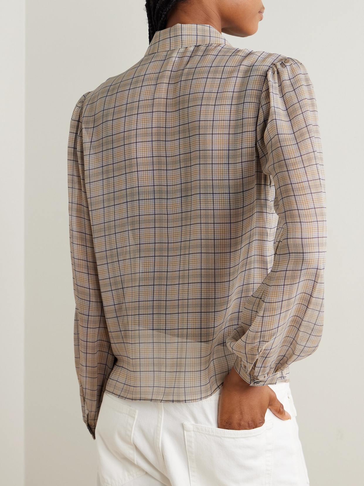 The Plaid Staple Gathered Checked Silk-Chiffon Shirt