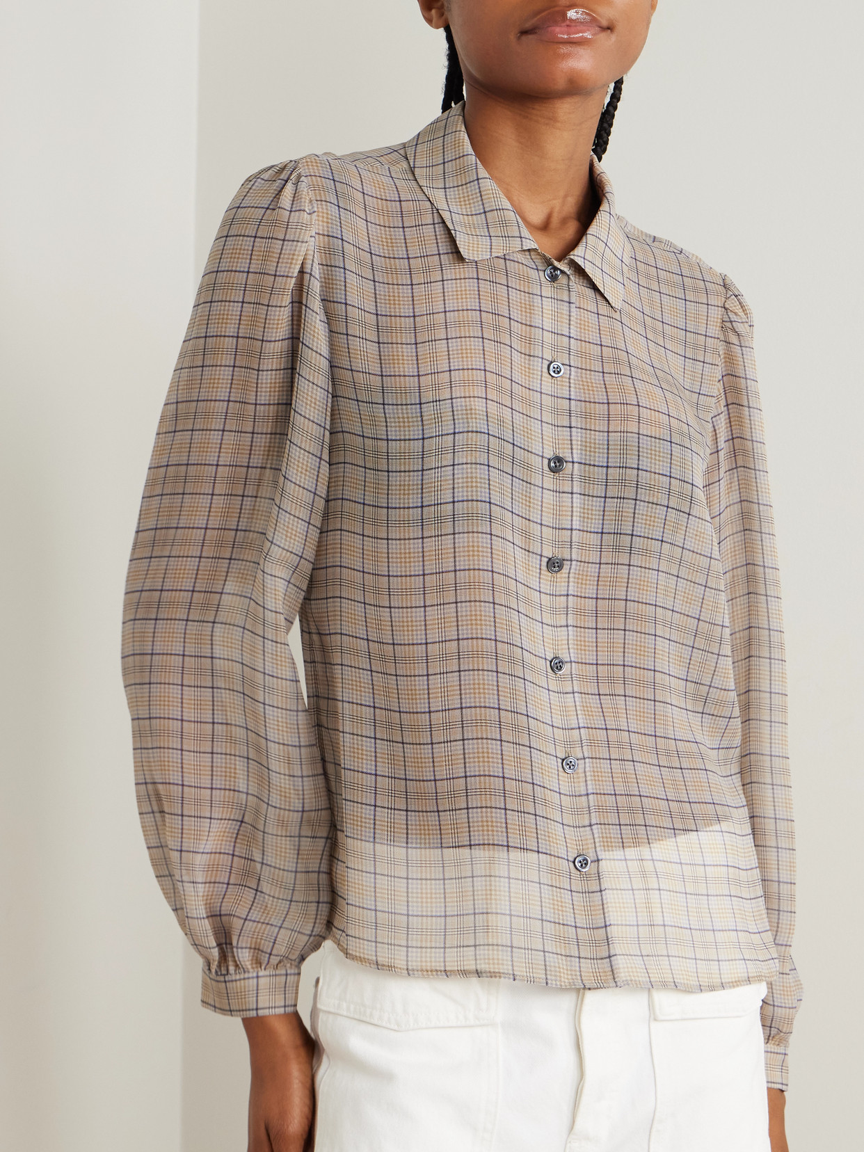 The Plaid Staple Gathered Checked Silk-Chiffon Shirt