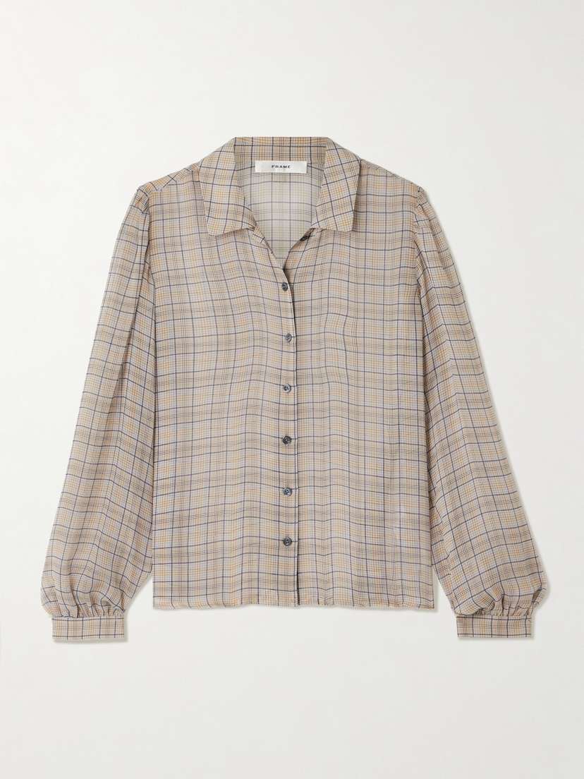 Frame The Plaid Staple Gathered Checked Silk-chiffon Shirt