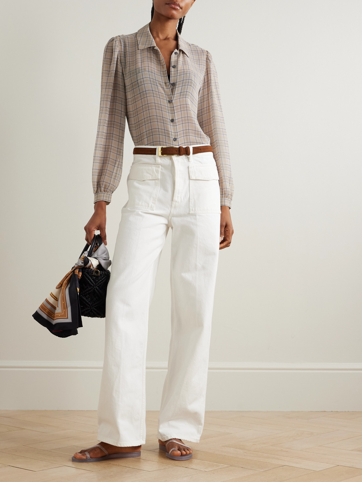 The Plaid Staple Gathered Checked Silk-Chiffon Shirt