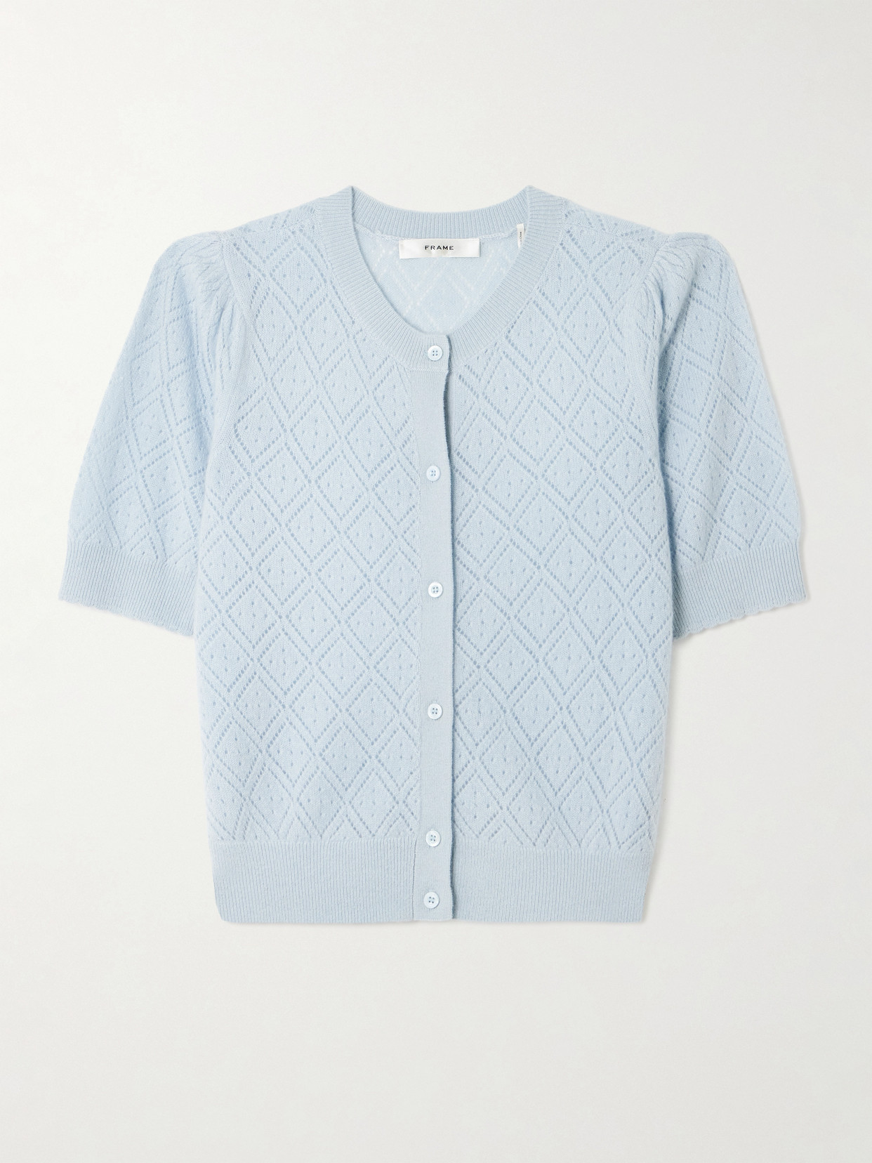 Frame The Delicate Pointelle-knit Cashmere Cardigan In Blue