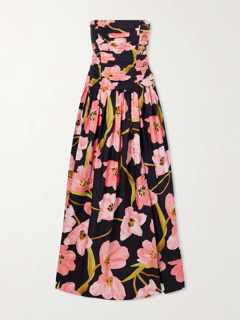 Cara Cara Montreal Strapless Pleated Floral-print Cotton-poplin Maxi Dress