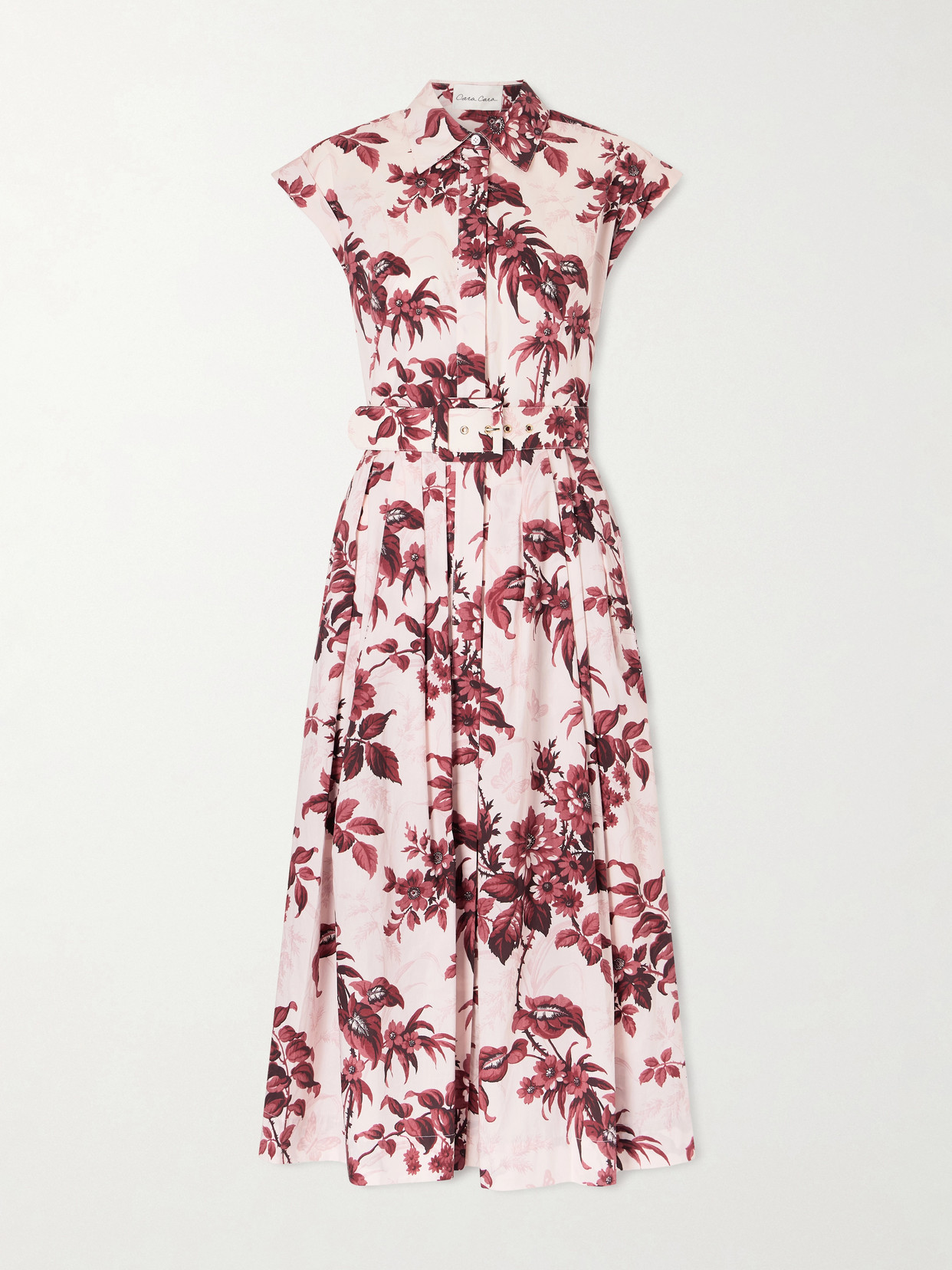 Cara Cara Octavia Belted Pleated Floral-print Cotton-poplin Midi Shirt Dress In Pink