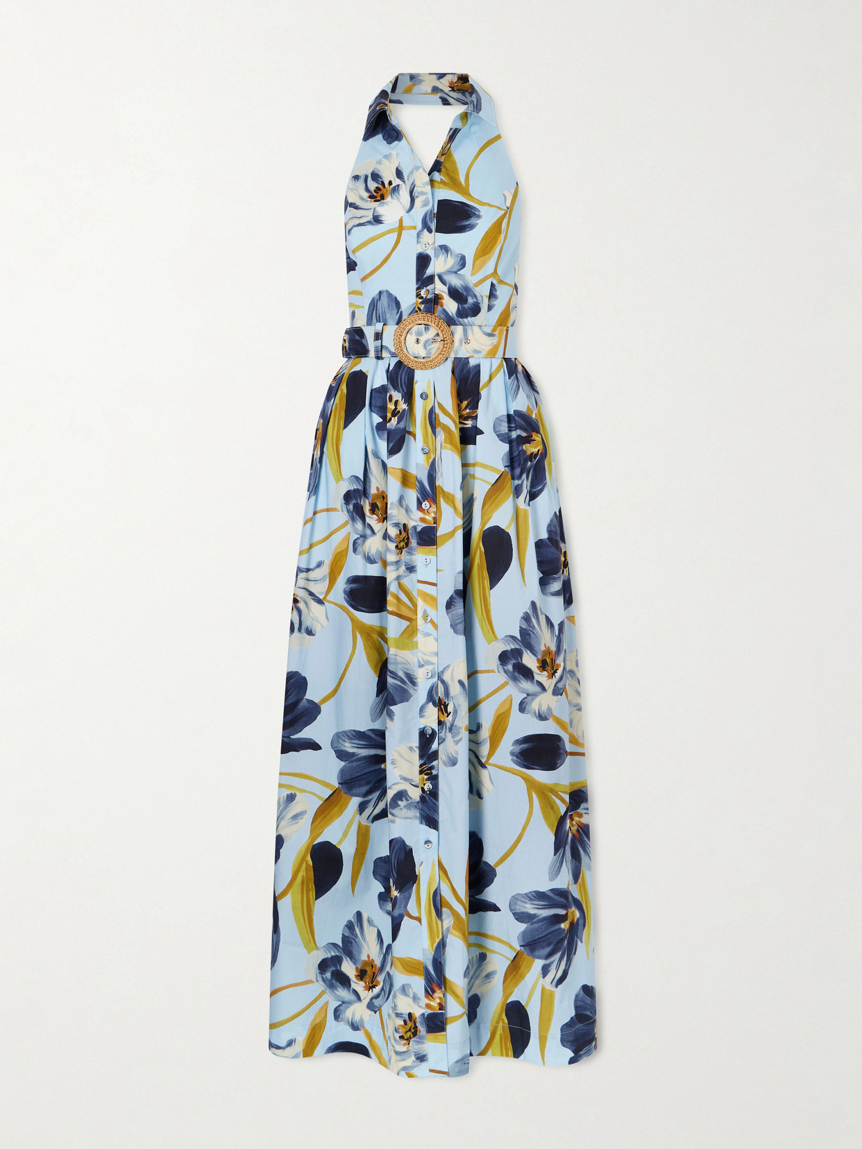 Cara Cara Quentin Belted Pleated Floral-print Cotton-poplin Halterneck Maxi Dress In Blue