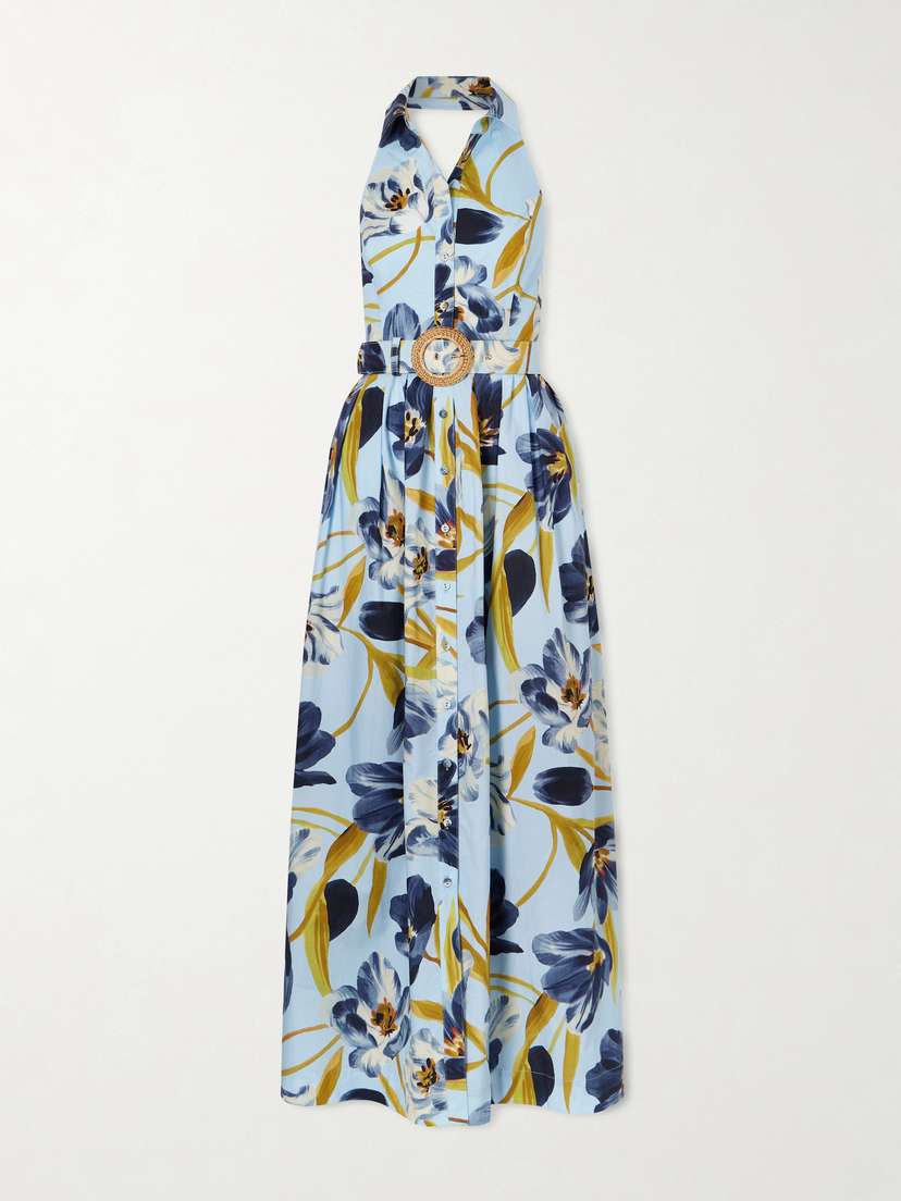 Cara Cara Quentin Belted Pleated Floral-print Cotton-poplin Halterneck Maxi Dress