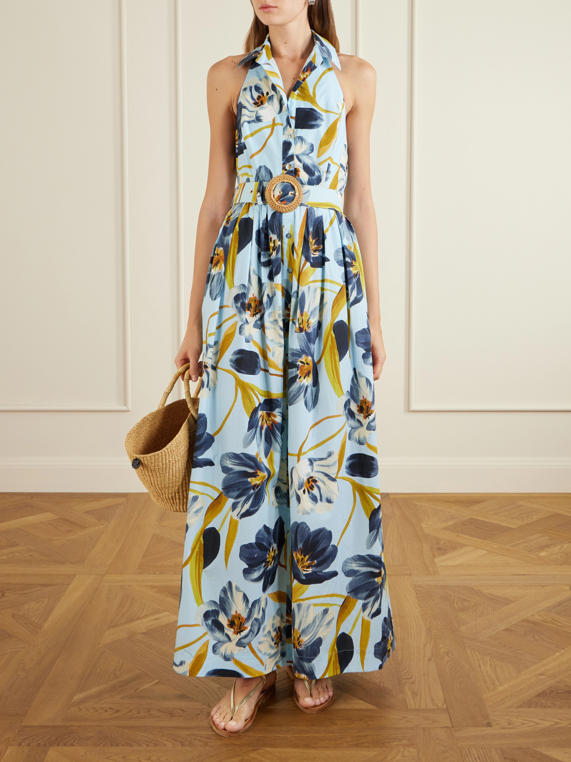 Cara Cara Quentin belted pleated floral-print cotton-poplin halterneck maxi dress