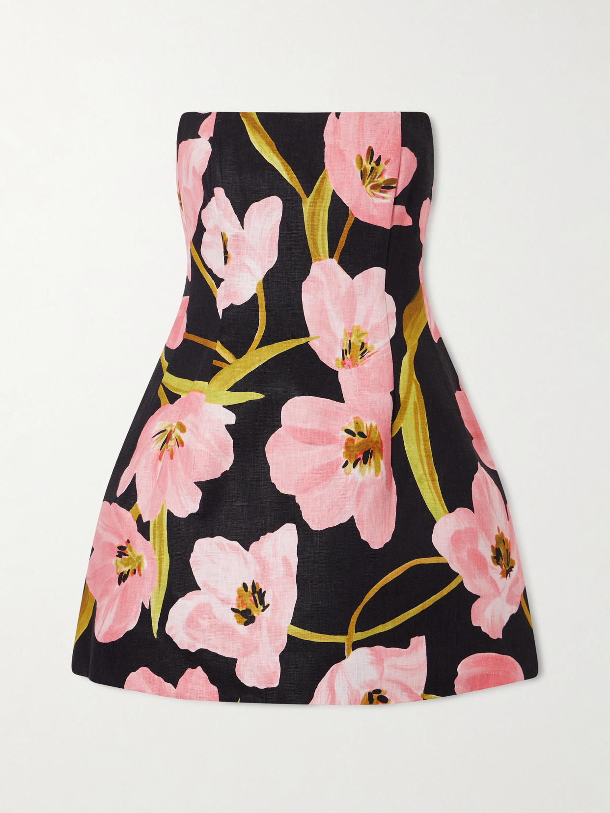 Cara Cara Ines Strapless Floral-print Linen Mini Dress In Yellow