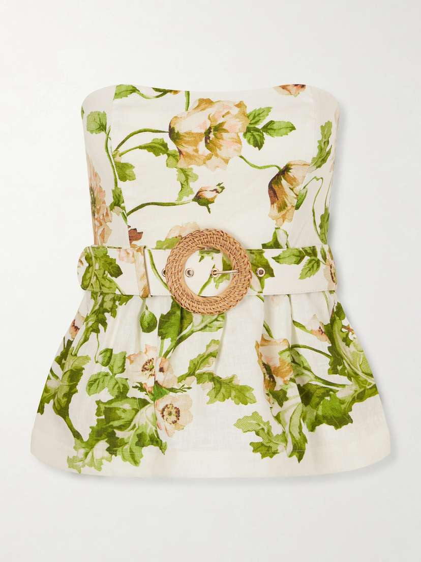 Cara Cara Tilda Strapless Belted Peplum Floral-print Linen Top
