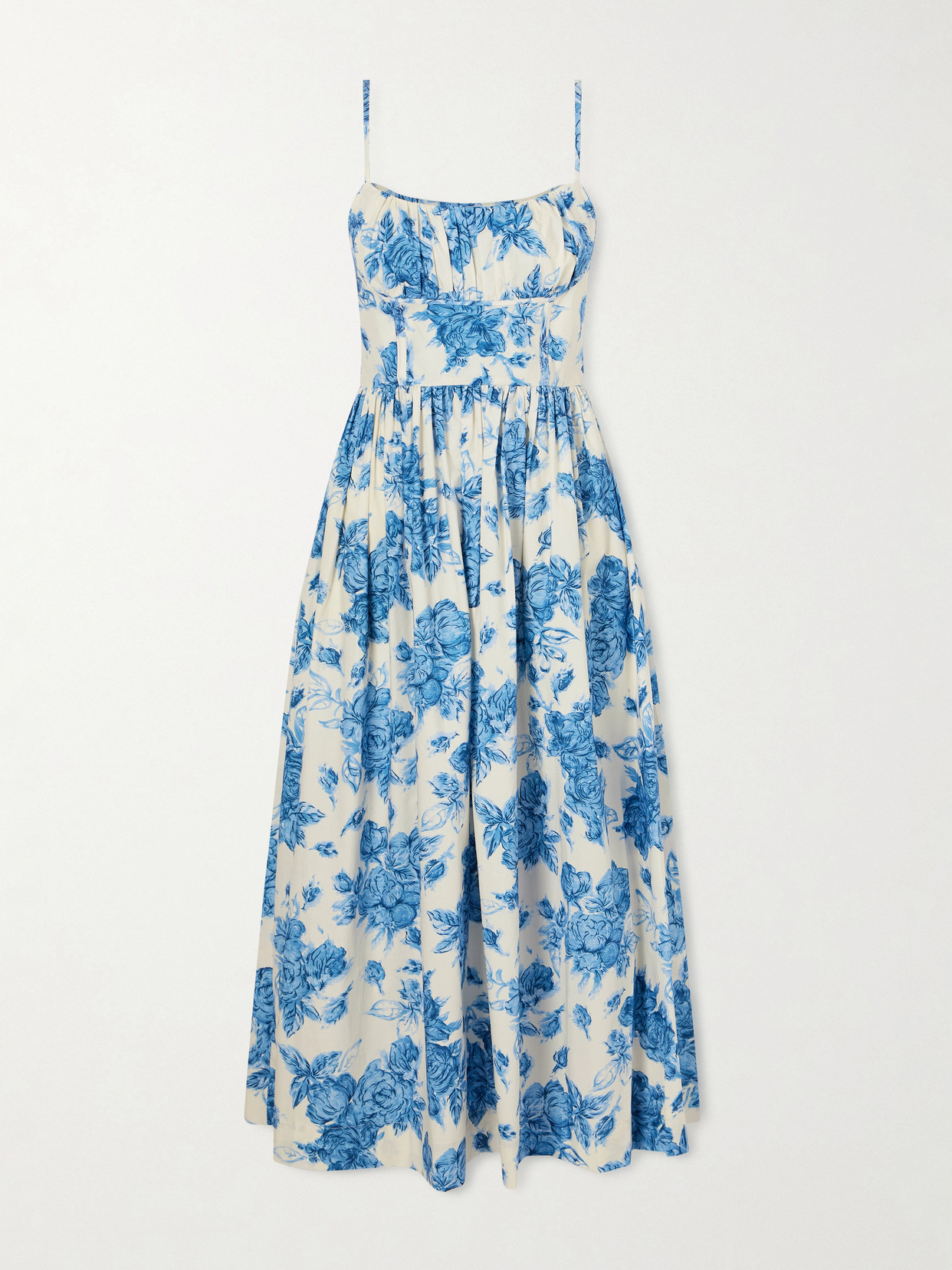 Cara Cara Alba Floral-print Gathered Smocked Cotton-poplin Midi Dress In Blue