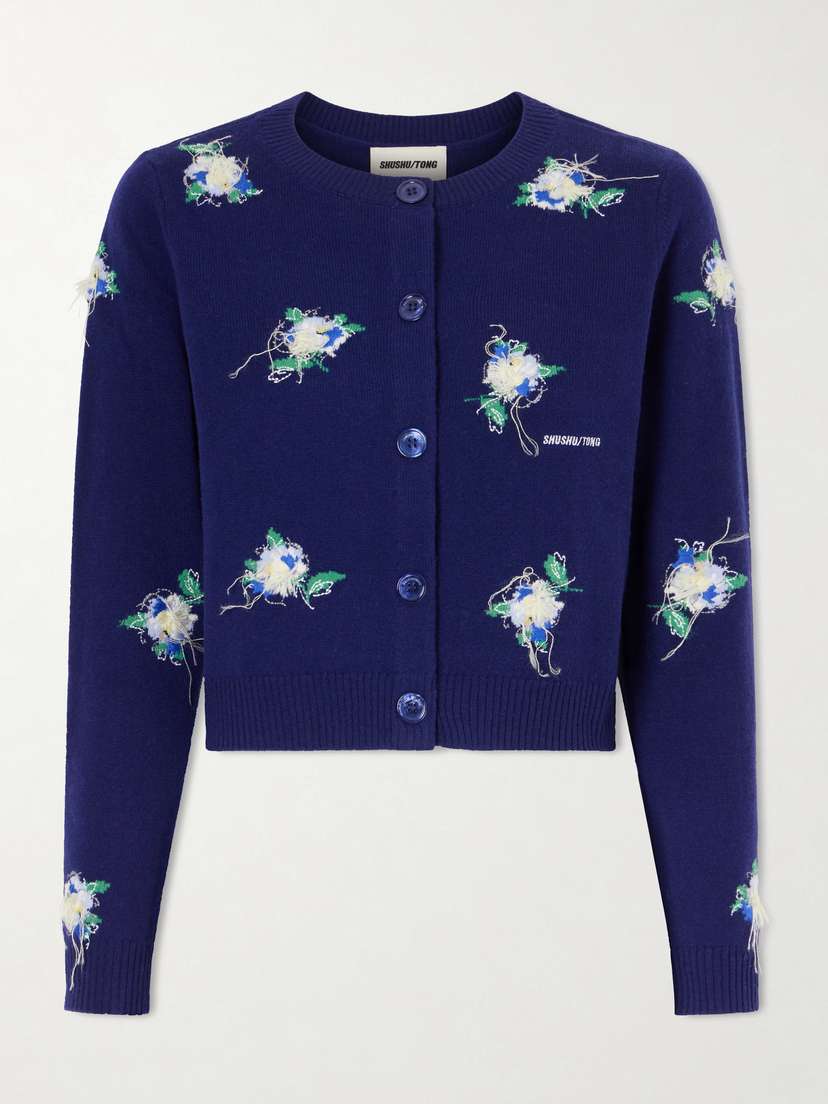 SHUSHU/TONG Cropped Embroidered Wool Cardigan