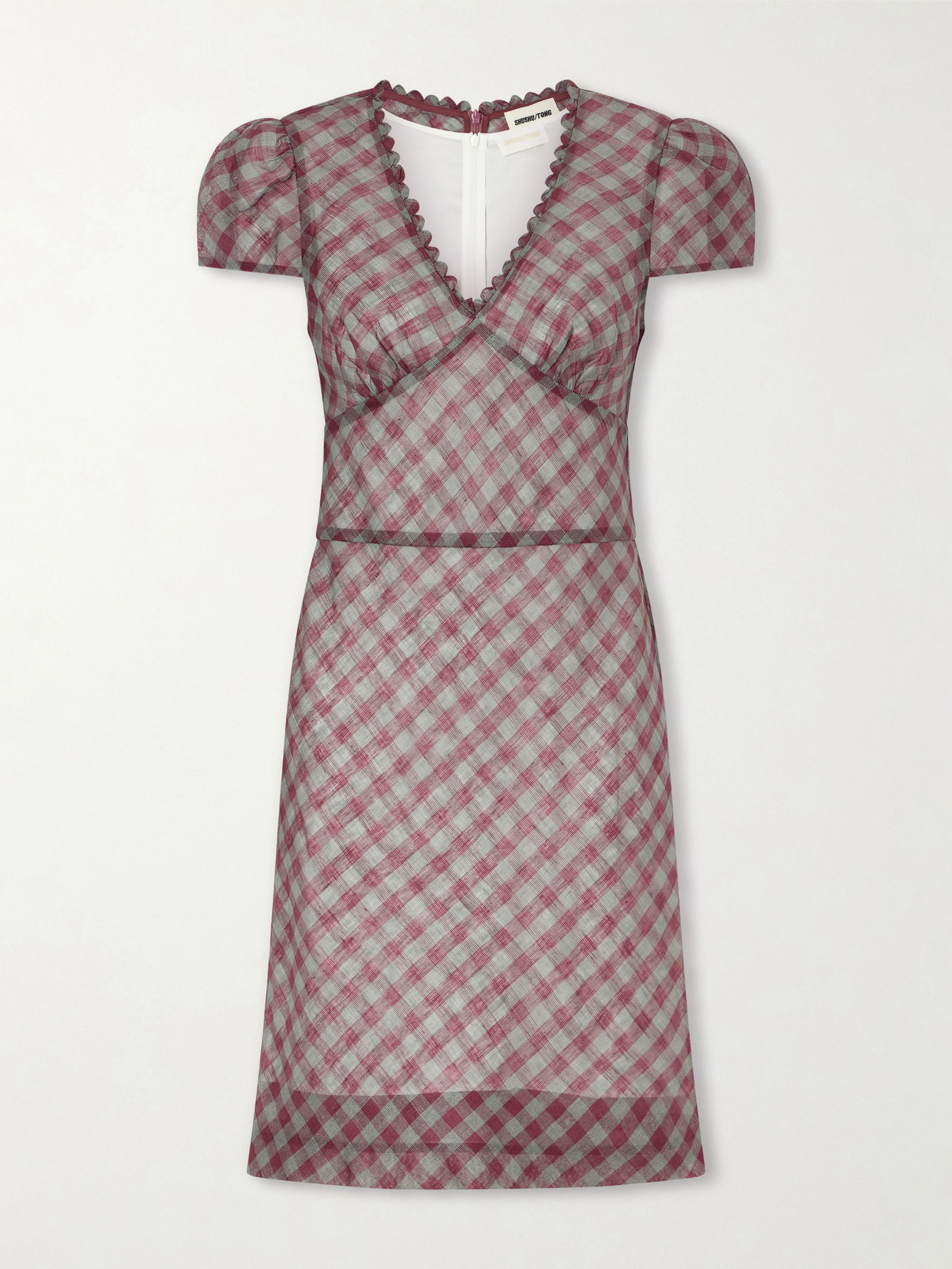 Shushu-tong Gingham Lace-trimmed Linen Mini Dress In Burgundy
