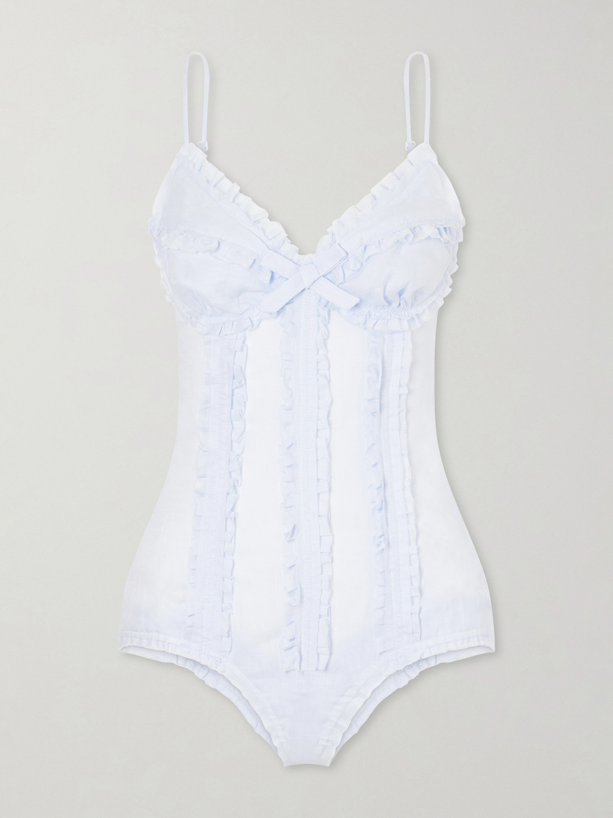Shushu-tong Bow-embellished Ruched Linen Bustier Bodysuit In Blue