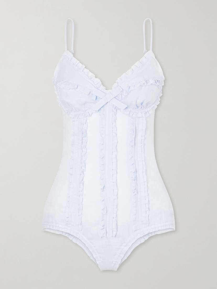 SHUSHU/TONG Bow-embellished Ruched Linen Bustier Bodysuit