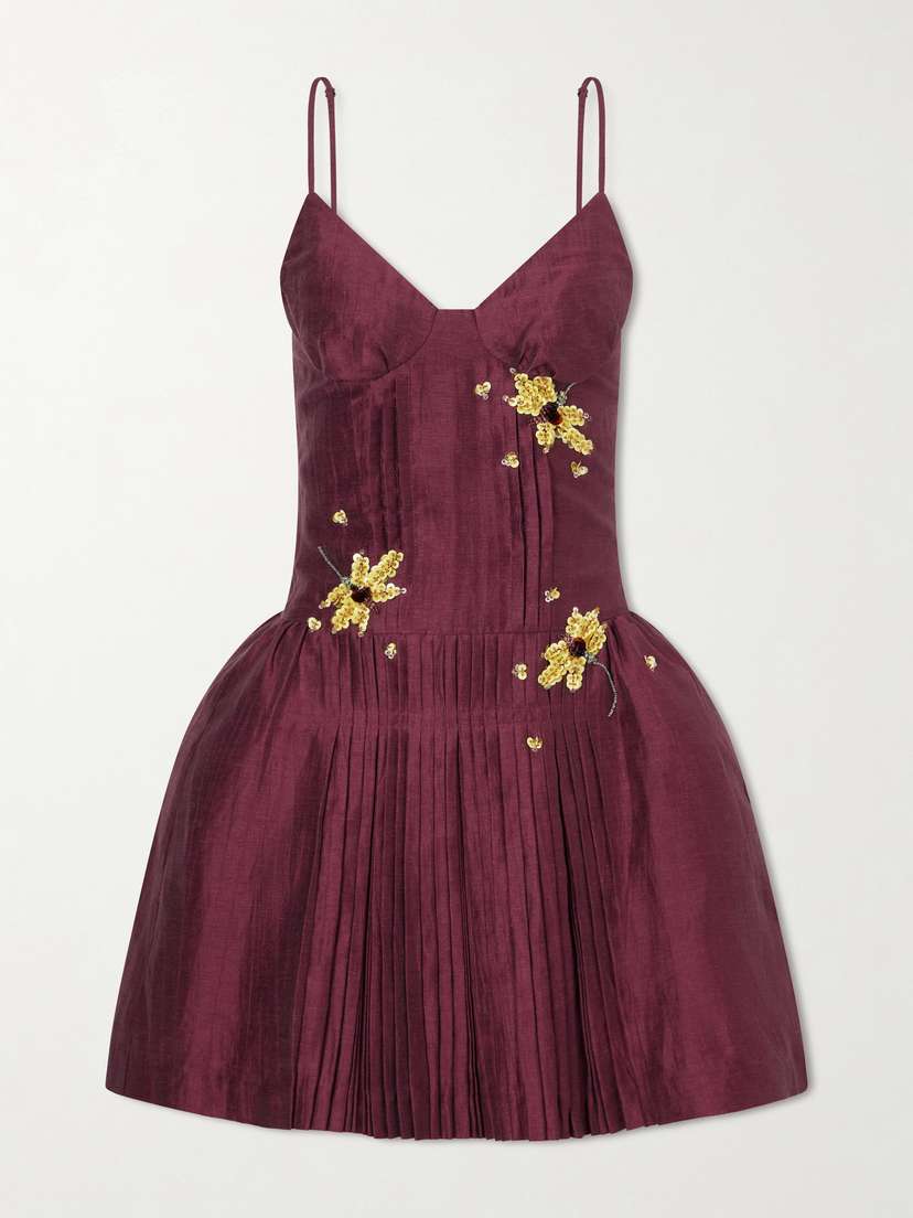 SHUSHU/TONG Bead And Sequin-embellished Plissé Linen-blend Mini Dress