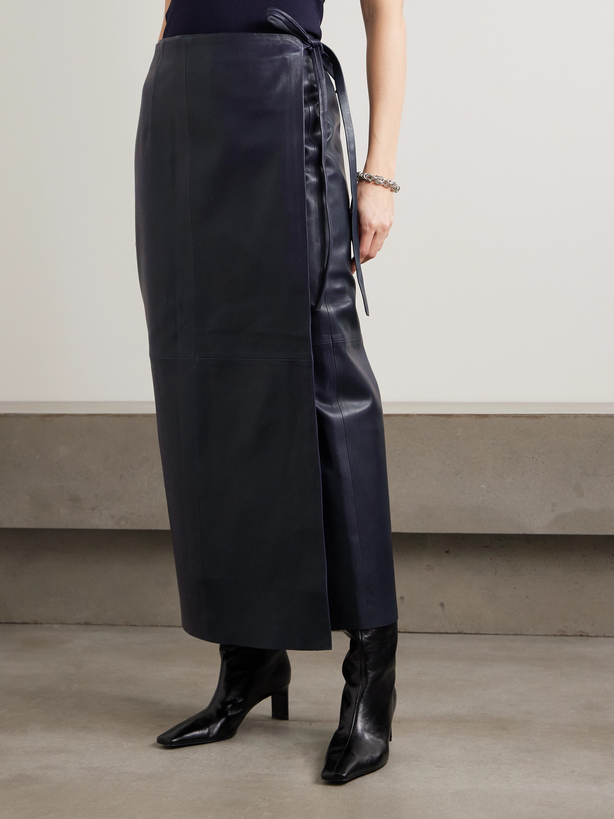 Paneled Leather Maxi Wrap Skirt