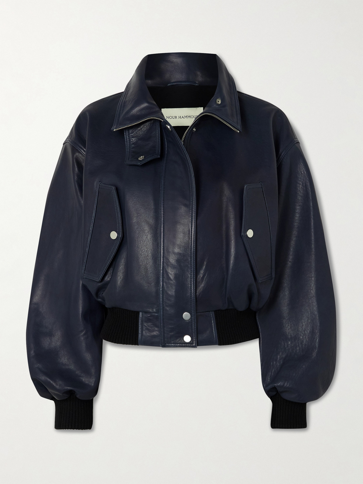Nour Hammour Briar Cropped Leather Bomber Jacket In Blue