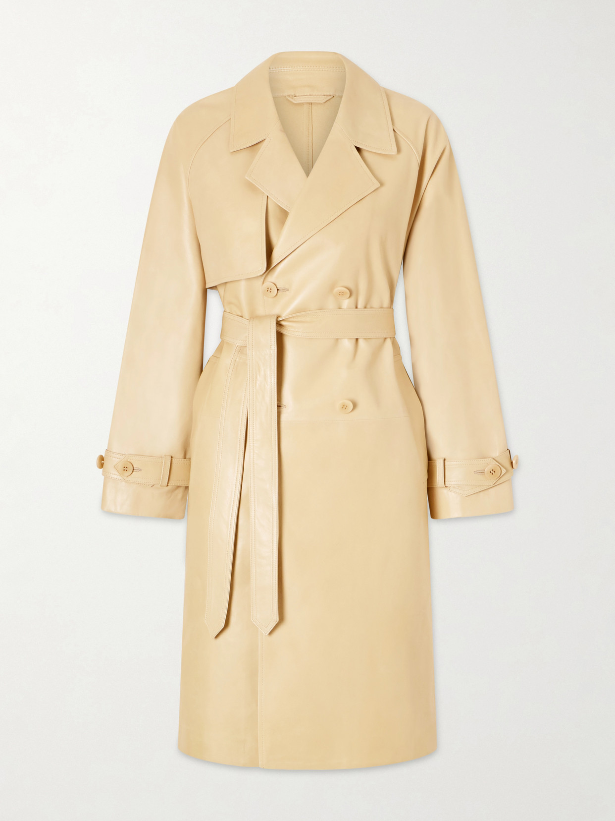 Nour Hammour Double-breasted Belted Leather Trench Coat In Yellow