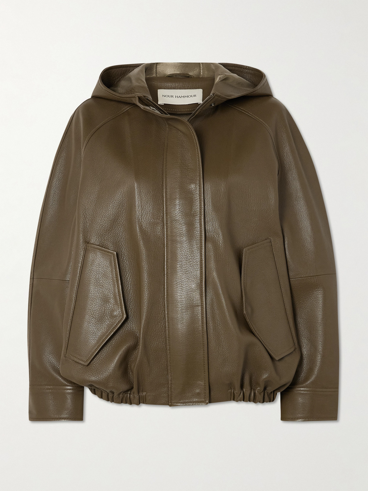 Nour Hammour - Hooded Textured-leather Bomber Jacket - Army green