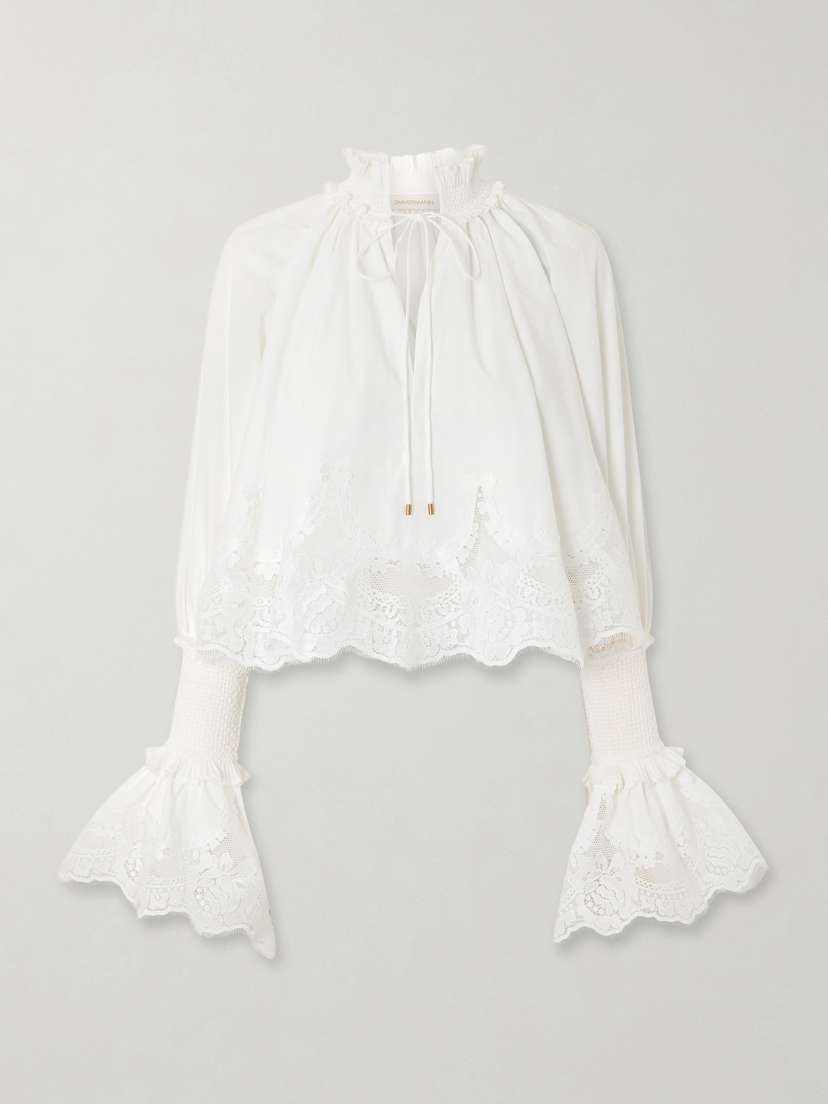 Zimmermann Lace-trimmed Shirred Cotton Blouse