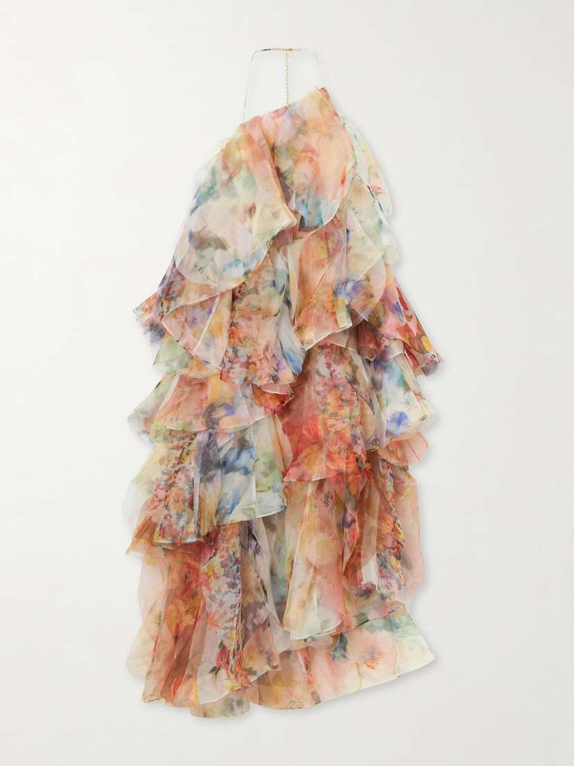 Zimmermann Luna Tiered Ruffled Floral-print Chiffon Halterneck Midi Dress