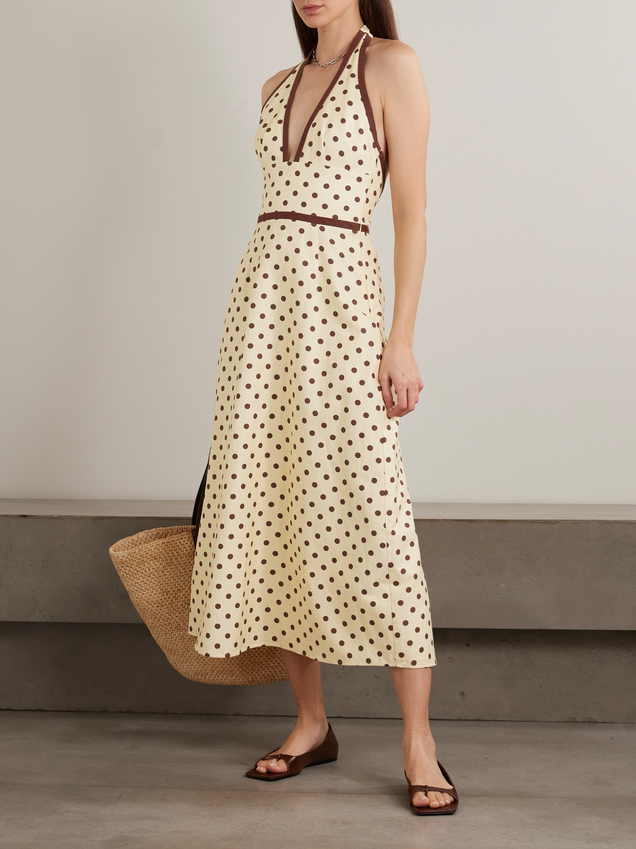 Posse Bowie Polka-dot Linen And Cotton-blend Halterneck Midi Dress In Yellow
