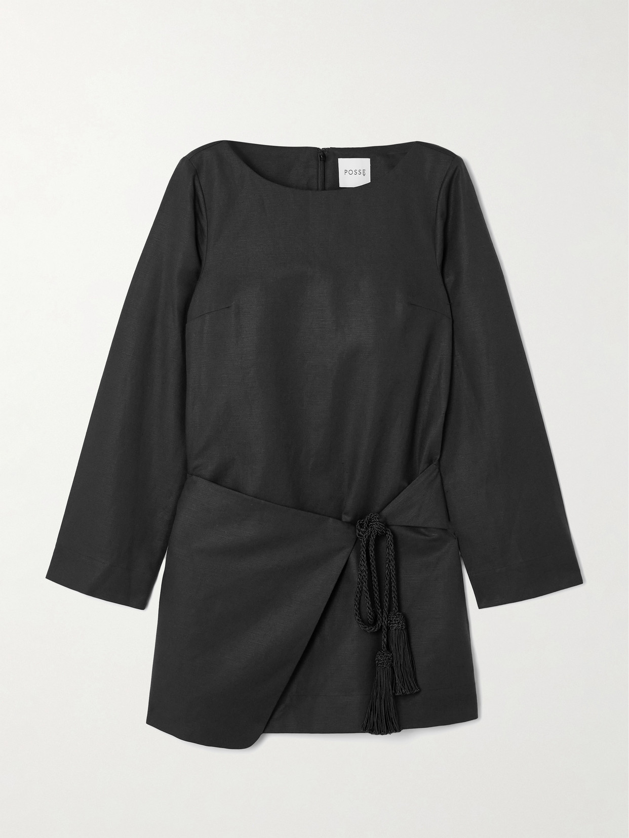 Posse Yvette Tie-detailed Draped Linen And Cotton-blend Mini Dress In Black