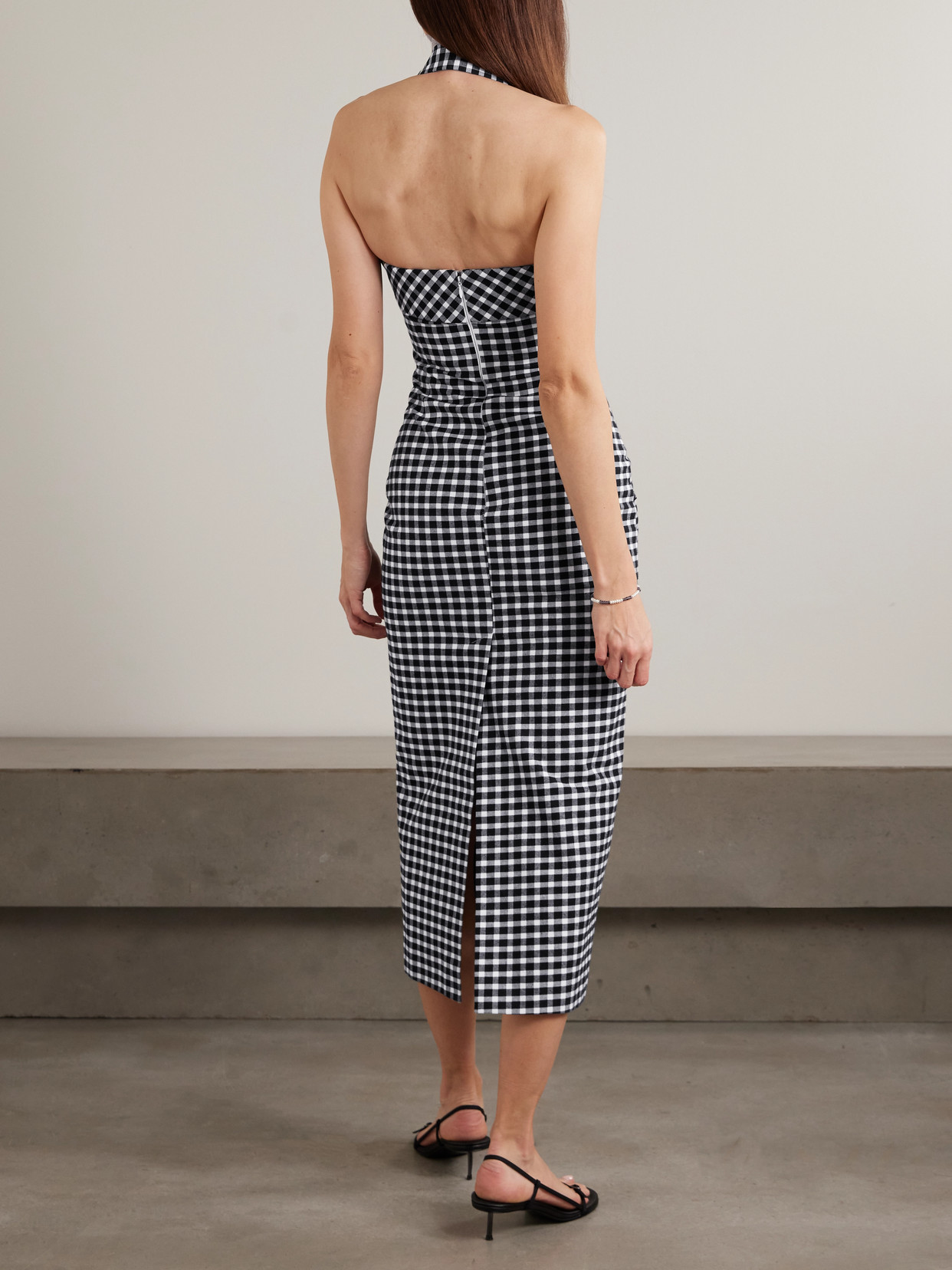 Posse Chiara Checked Cotton-blend Halterneck Midi Dress In Blue