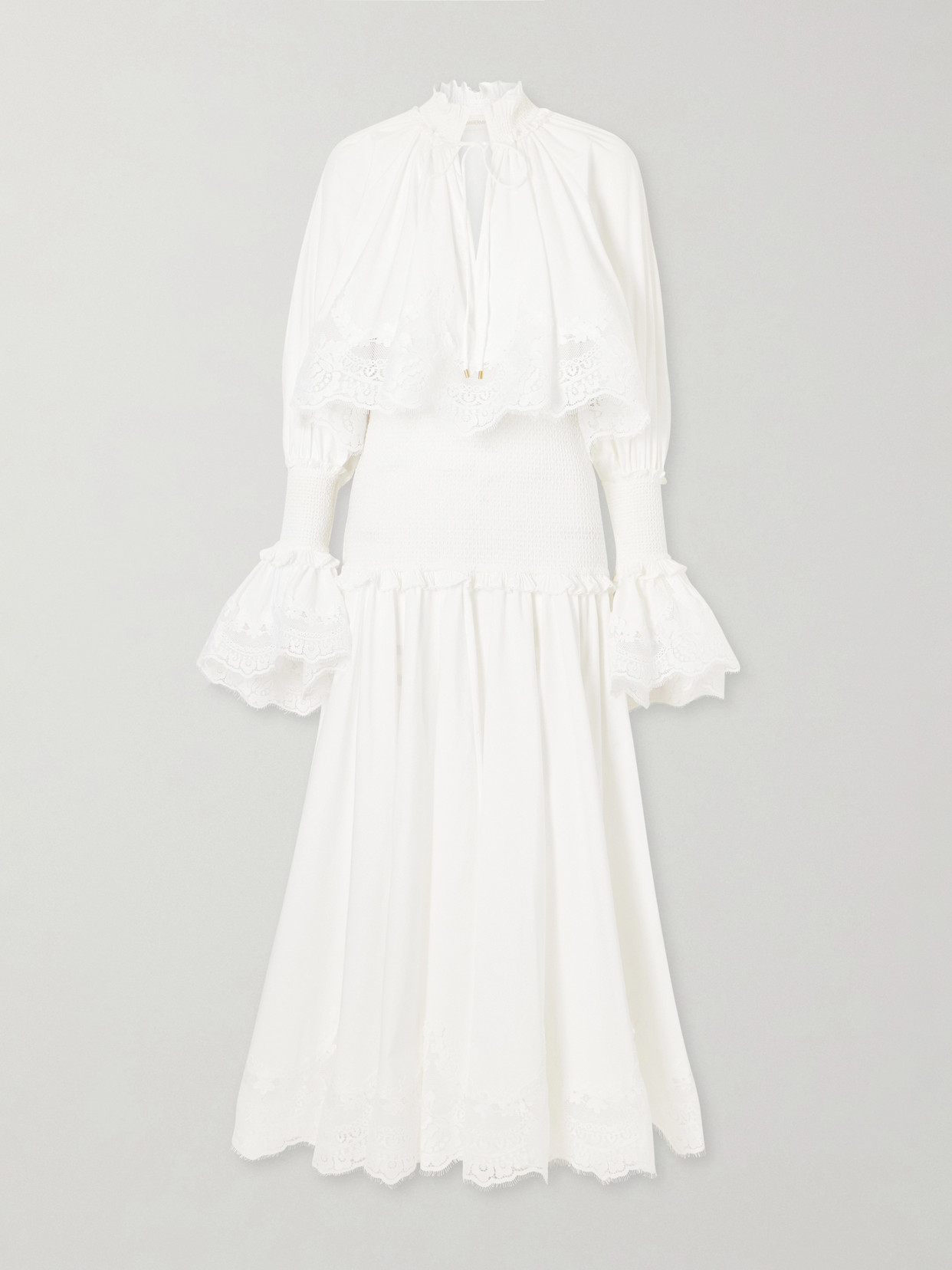 Zimmermann Alchemy Ruffled Shirred Lace-trimmed Cotton-poplin Midi Dress In White