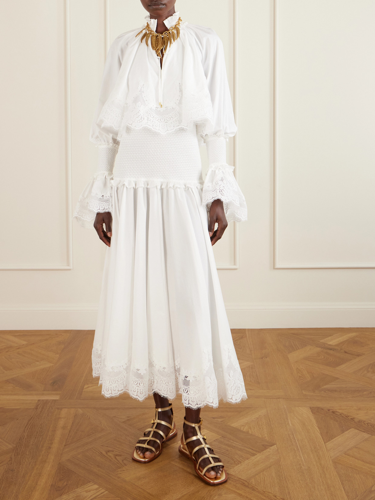 Zimmermann Alchemy Ruffled Shirred Lace-trimmed Cotton-poplin Midi Dress In White
