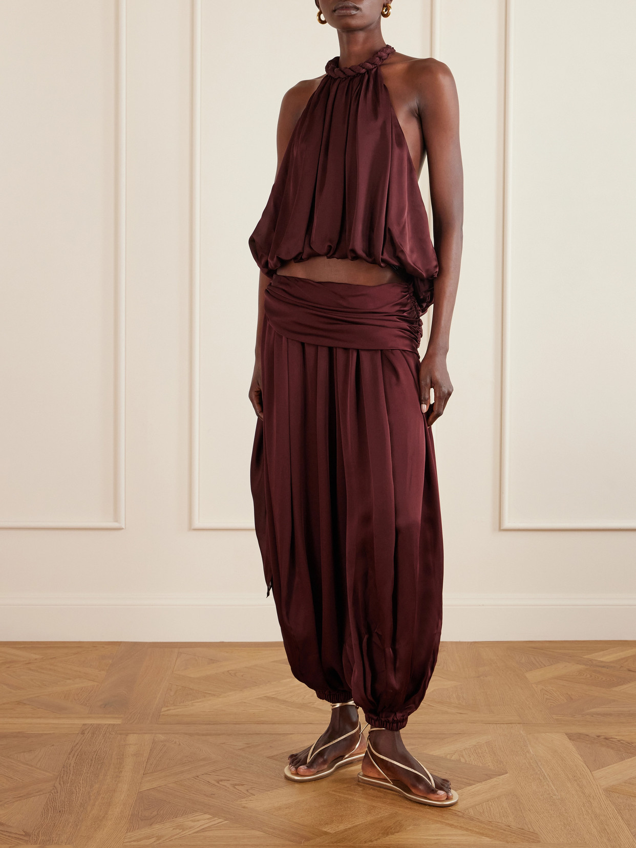 Zimmermann Luna Draped Silk Wide-leg Pants In Burgundy