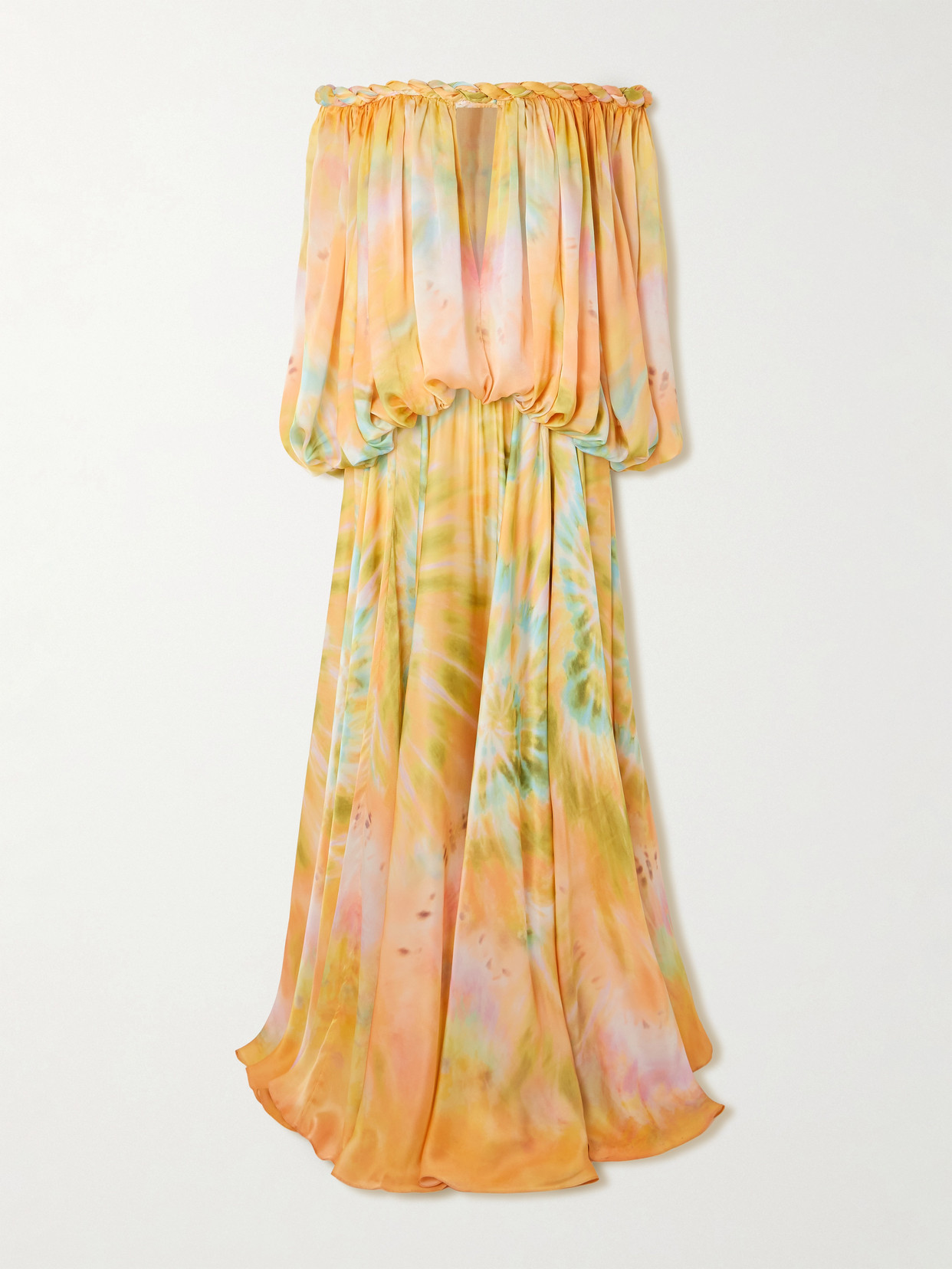 Zimmermann Luna Twist Off-the-shoulder Cutout Gathered Printed Silk-satin Maxi Dress In Yellow