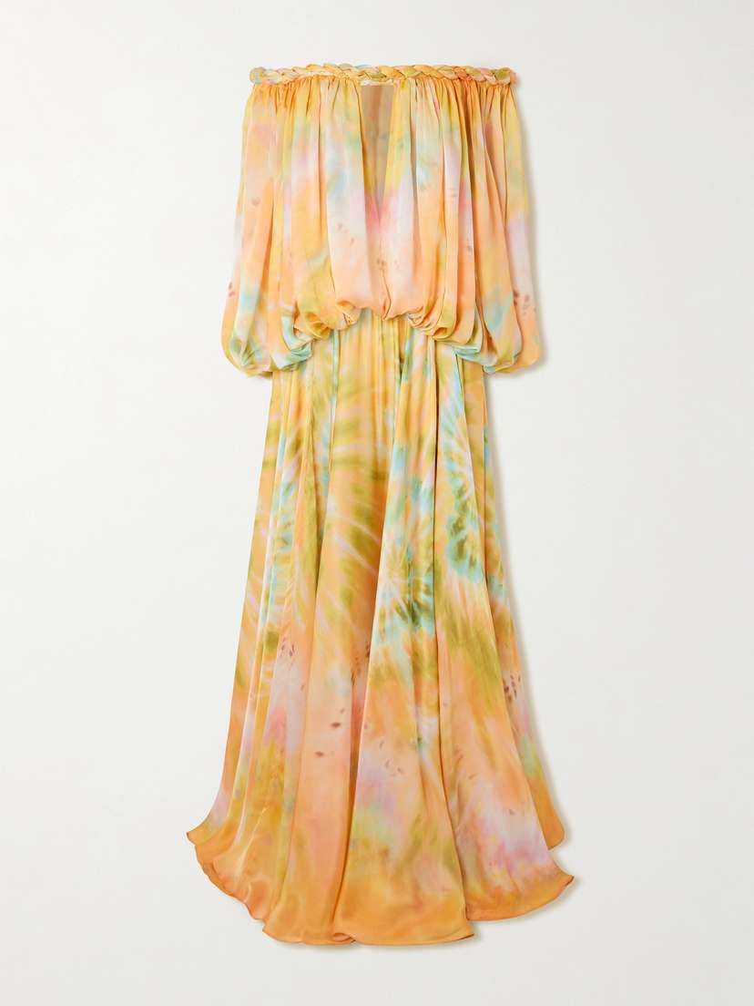 Zimmermann Luna Twist Off-the-shoulder Cutout Gathered Printed Silk-satin Maxi Dress